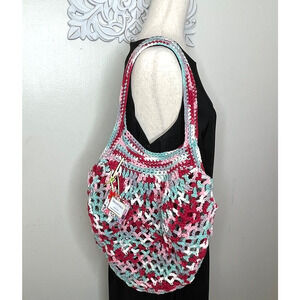 Crochet Market Tote Bag Handbag Handmade 100% COTTON Full Bloom Red Aqua NEW